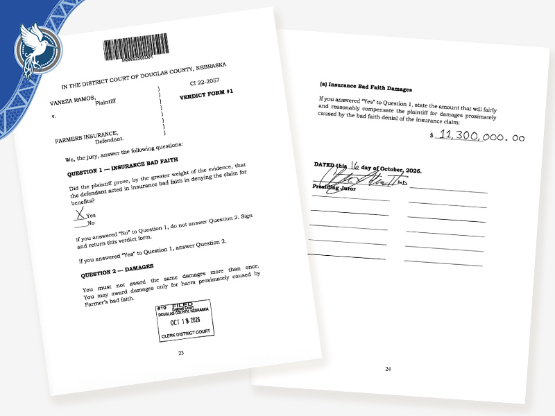 El formulario del veredicto confirma que un jurado del condado de Douglas determinó que Farmers Insurance actuó de mala fe y otorgó una indemnización de $11.3 millones a la demandante. La decisión llegó después de dos juicios ante jurado y años de litigio. Caso n.º CI 22-2057.